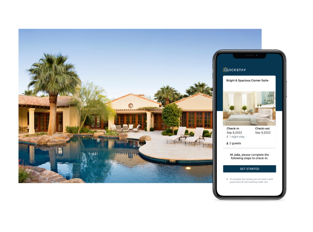 A serene scene featuring a swimming pool surrounded by luxury villas, with a transparent PNG image of a smartphone displaying a direct booking platform. The image highlights the ease and convenience of booking a villa through a streamlined mobile app